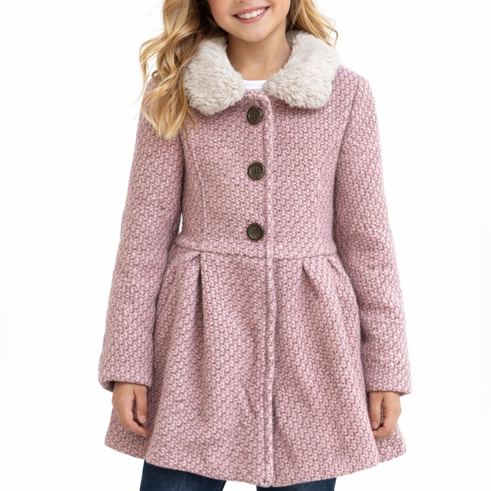 Jessica Simpson Girls Pink Tweed Coat w/ Faux Fur Collar Size M (5/6) (1219)